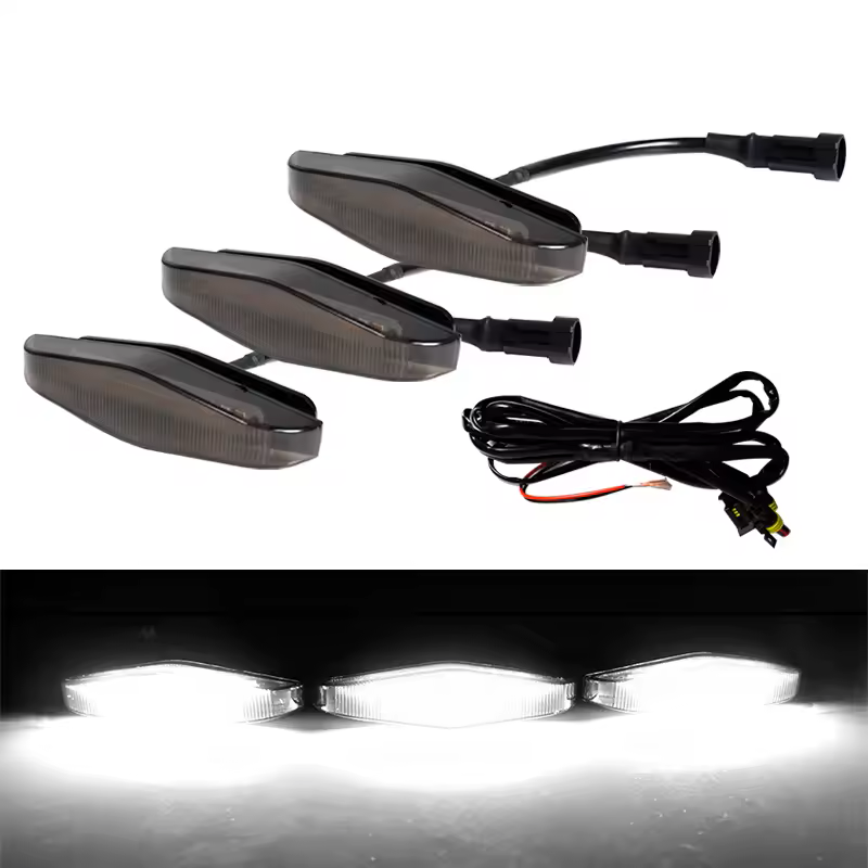 Set of 3 piece Ratpor lights, smoked lens white light with wiring on a white background
