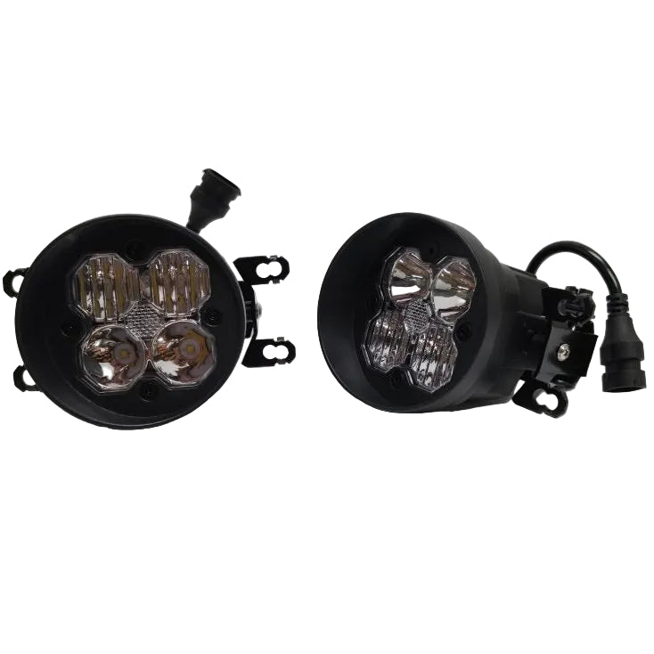 Two black automotive LED fog lights with clear lenses and attached wiring, displayed on a light gray background.