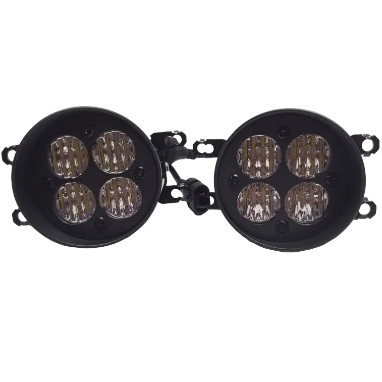 A pair of black circular LED light units with four clear lenses each, shown on a plain light gray background.